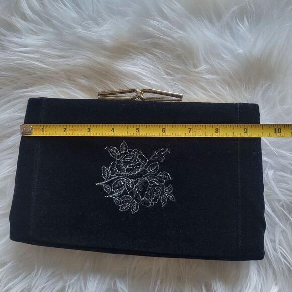 Elegant Black Clutch with Gold Clasp and Silver Roses Print - Picture 5 of 10